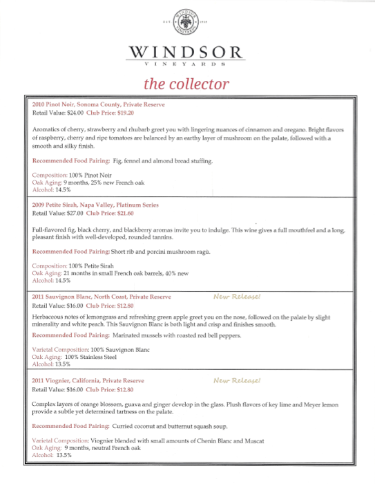 Windsor Vineyards - The Collector Tasting Notes